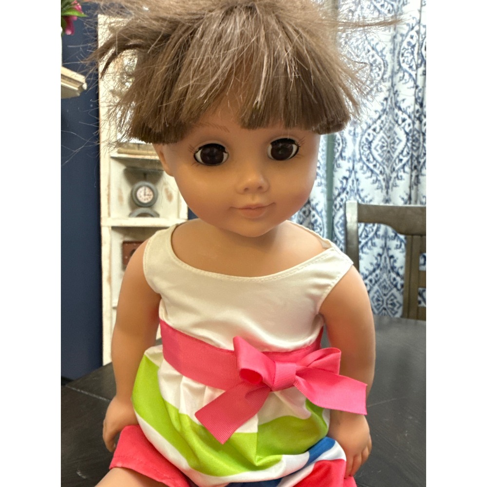 Madame Alexander 18 Inch Doll Brown Hair Brown Sleep Eyes Striped Dress PA-3839